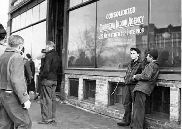 Ojibway Indians protesting the proposed move of the consolidated Chippewa Agency headquarters from Cass Lake to Duluth, 1938.