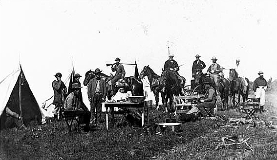U.S. Indian Commission treaty party led by William P. Dole in camp at Big Lake, Sherburne County; John G. Nicolay on horse at left. 8/1862
