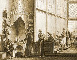 An Ottoman coffeehouse, European engraving, 19th century 