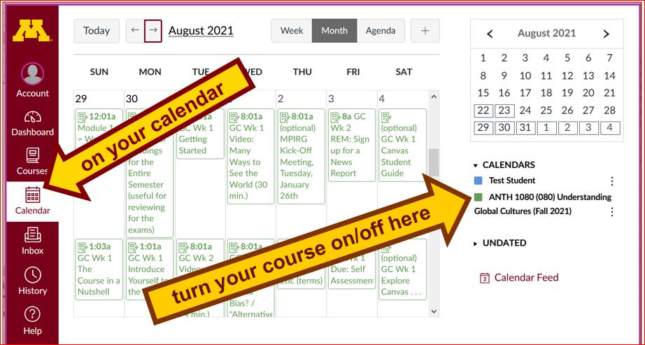 How to turn your Canvas calendar on/off.