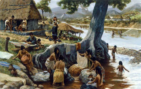 Ancient Mayan fabrics from Copan, Honduras, and a recreation of Mayan women washing clothes in a river.