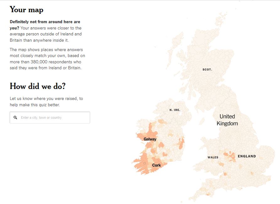British-Irish Dialect Quiz, Tim Roufs' results.