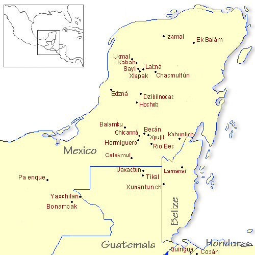 Map of archaeological sites in Yucatan.