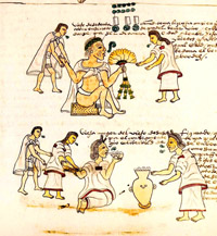 A painting from Codex Mendoza showing an elderly Aztec woman drinking pulque.