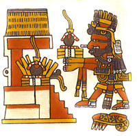 The Aztec god Xiuhtecuhtli brings a rubber ball offering to a temple. The rubber balls each hold a quetzal feather, part of the offering.  Codex Borgia.  