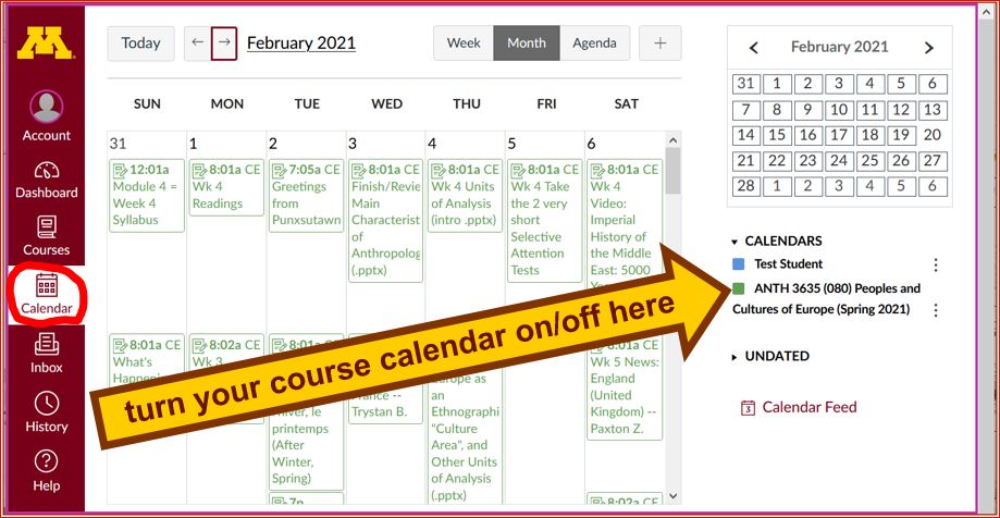 How to turn your Canvas calendar on/off.