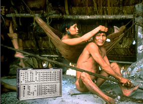 Yanomamo with communications equipment.