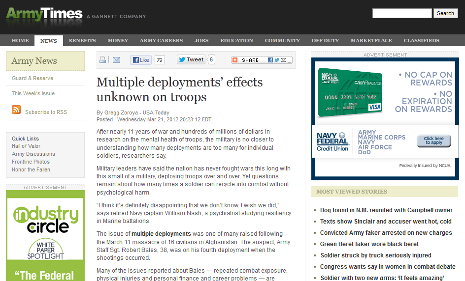 Army Times article on multiple deployments