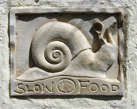 Slow Food restaurant placard, Santorini, Greece