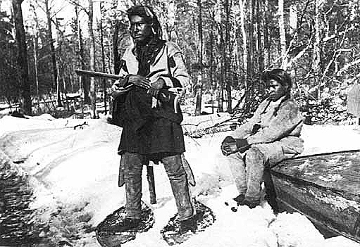 Chippewa hunting deer on snowshoes, ca. 1870.