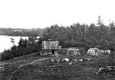 Chippewa wigwams and log home, ca. 1895.