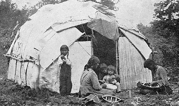 Chippewa Indians making small canoes, Mille Lacs.