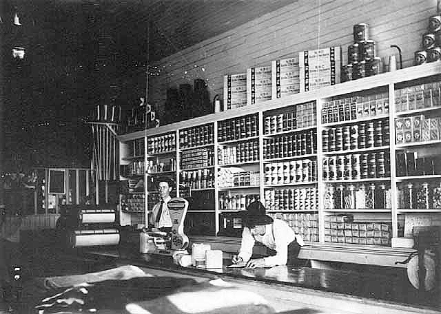 Interior, Marcus Nelson grocery store, Tamarack, ca. 1910.