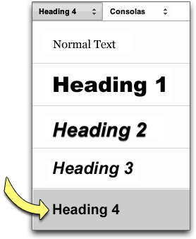 Screenshot: Google Docs' styles menu. Heading level 4 is selected. Levels 1 through 4 as well as normal text are options.
