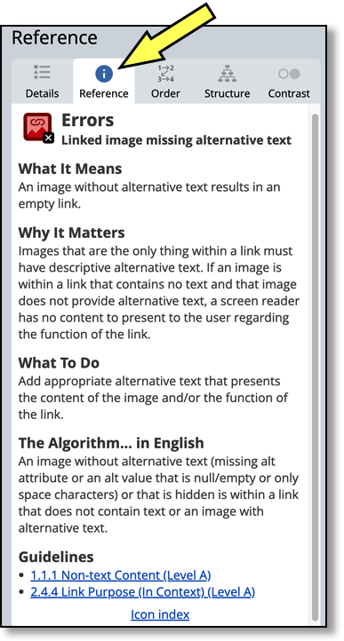 Screenshot: Reference Panel showing the documentation for the linked image missing alternative text Error.