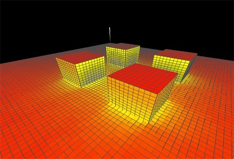Image depicting the proportion of direct shortwave radiation from the sun in a test case with four buildings. Computations are performed in near real-time using the graphics card's processing capabilities.