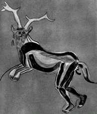 A fabulous creature, from Les Trois 
	  	Freres, sketched by Abbe Breuil, 1902 who interprted the figure as a 
		shaman.