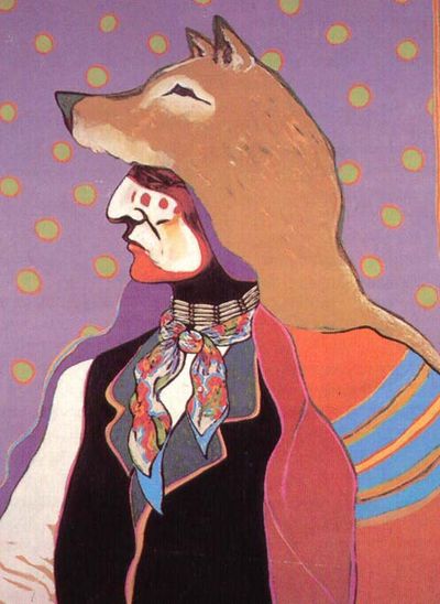 Portrait of a Métis man wearing wolf skin including head and European clothing